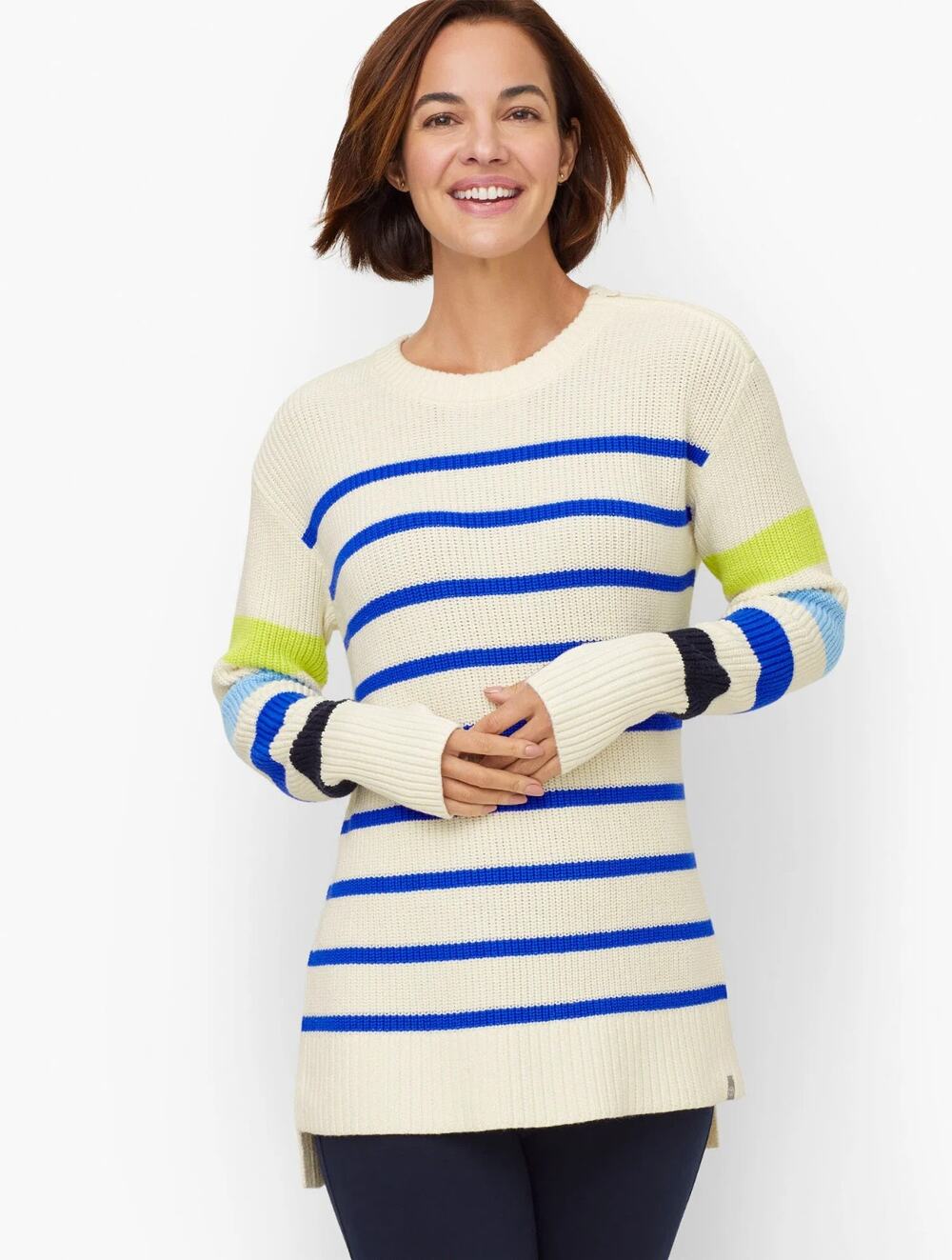 Talbots Multistripe Crew Neck Sweater Sz XL Cream High Low Hem Cotton Nautical
